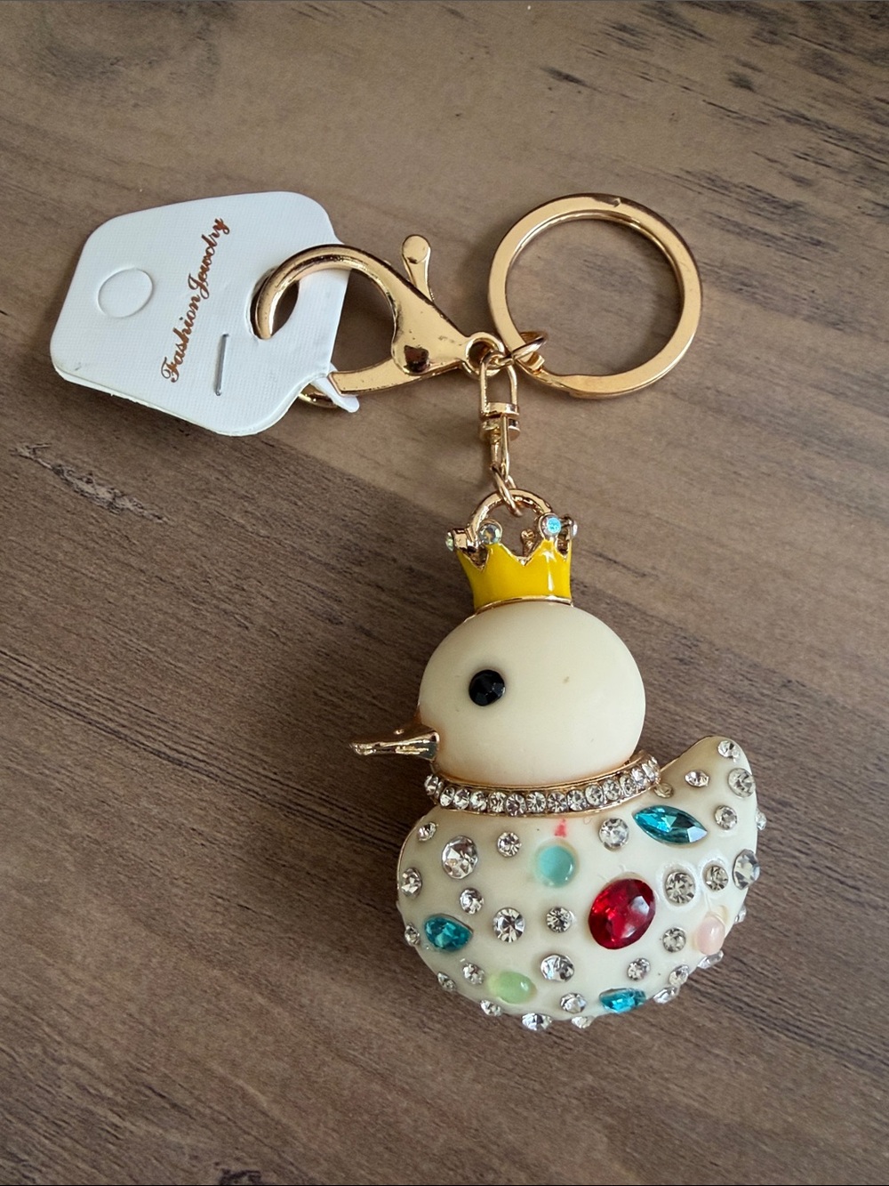 Cute Crowned Duck Keychain - White with Multicolored Gems